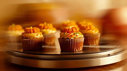 Rotating pumpkin cupcakes on metallic turntable on wooden countertop, showcasing frosting detail - Powered by Adobe