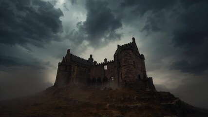 Panning camera revealing medieval stone fortress on rocky hilltop, swirling mist and storm clouds - Powered by Adobe