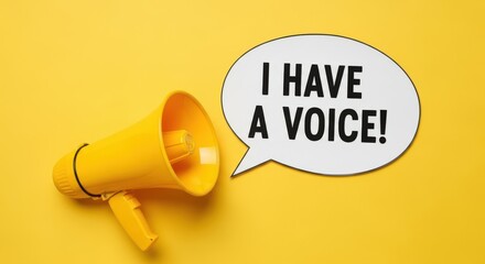 Yellow megaphone and speech bubble with text I HAVE A VOICE communication announcement