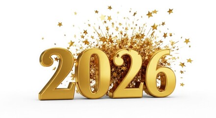 3D golden 2026 numbers exploding with golden stars