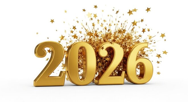 3D golden 2026 numbers exploding with golden stars