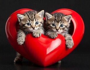 Two adorable tabby kittens peek out from a glossy red heart against a dark backdrop, creating a heartwarming scene