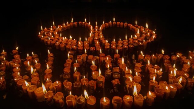 Downward tilting camera revealing candle tribute in dark studio, with glowing rings and message
