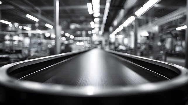 Industrial conveyor belt moves products in a fast-paced factory setting.