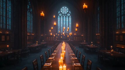 Gliding camera revealing floating candles above dining table amid stone columns in Gothic hall - Powered by Adobe