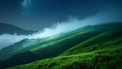 Misty mountains under a starlit sky