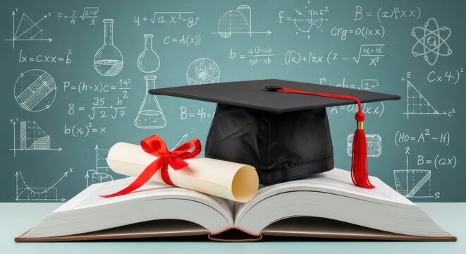 Graduation cap and diploma on open book with math equations on blackboard scroll red ribbon