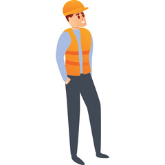 Male construction worker wearing orange hard hat and safety vest standing with hands in pockets against a white background a full body cartoon illustration
