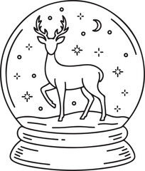 One continuous line drawing of Christmas snow globe with reindeer. Magic glass ball for winter xmas holiday concept in simple linear style. Editable stroke. Doodle vector illustration