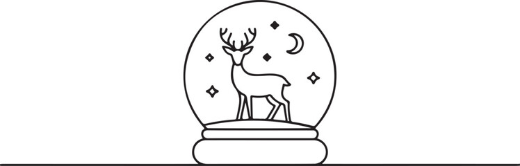 One continuous line drawing of Christmas snow globe with reindeer. Magic glass ball for winter xmas holiday concept in simple linear style. Editable stroke. Doodle vector illustration