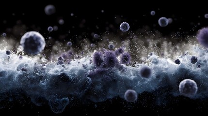Abstract microscopic view of swirling purple and blue particles and cell like structures against a dark background