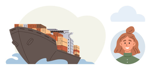 Obraz premium Cargo ship laden with containers sailing on water alongside a smiling womans portrait. Ideal for trade, logistic, export, shipping, industry, global connection, teamwork. Simple flat metaphor