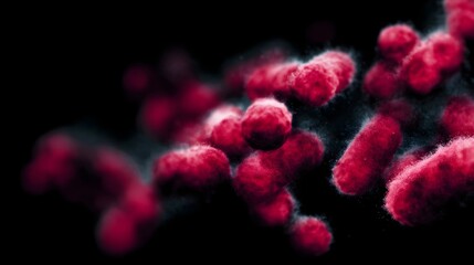 Microscopic view of vibrant red bacteria clusters on a dark background symbolizing science and health