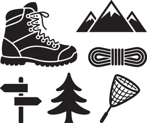 Outdoor adventure solid icons – silhouette style hiking, camping, and nature symbols for explorers, hiking boot, trail sign, water bottle, net, climbing rope, mountain, bird, tree