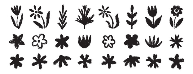 Grunge trendy doodle flowers leaves set. Hand drawn brush flowers crayon, chalk texture. Flowers textured collection