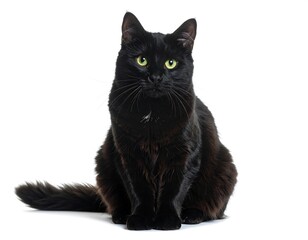 Obraz premium Full-length portrait of a sleek, black cat with vibrant green eyes sitting attentively. The feline is isolated against a clean, white background, its fur is detailed