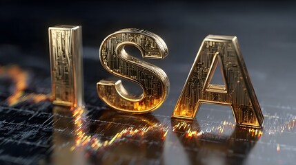 Golden embossed letters ISA on a dark reflective surface with financial charts.