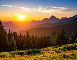 Majestic Mountain Sunset - A Serene Landscape of Natures Beauty.