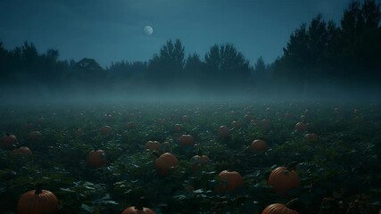 Opening scene showing camera moving forward through pumpkin patch at night, with half-moon and mist - Powered by Adobe