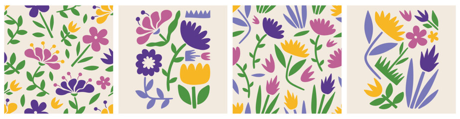 Doodle floral seamless pattern colorful set. Creative trendy flower collage or posters and floral pattern collection. Vintage cartoon hand drawn nature simple spring elements
