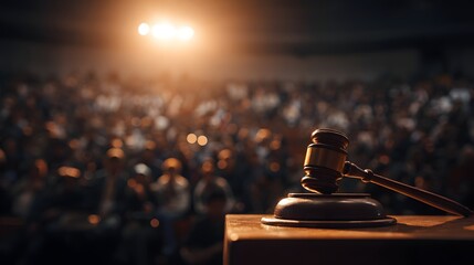 Gavel rests on a wooden desk before an attentive audience under warm light.