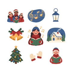 Fototapeta premium Festive Christmas Caroling Icon Set Featuring Singing Family, Bells, Tree, Lantern, and Snowy House