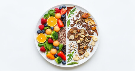 Healthy balanced meal plate divided showing fresh fruits vegetables and grains with nuts seeds