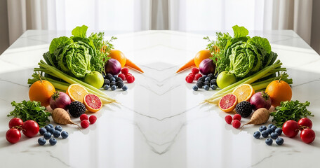 Symmetrical arrangement of fresh vibrant organic fruits and vegetables on a white table