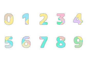 Cute Pastel Color Numbers Set 0-9. Hand-drawn Striped Pattern Typography. Kids Educational Clip Art .