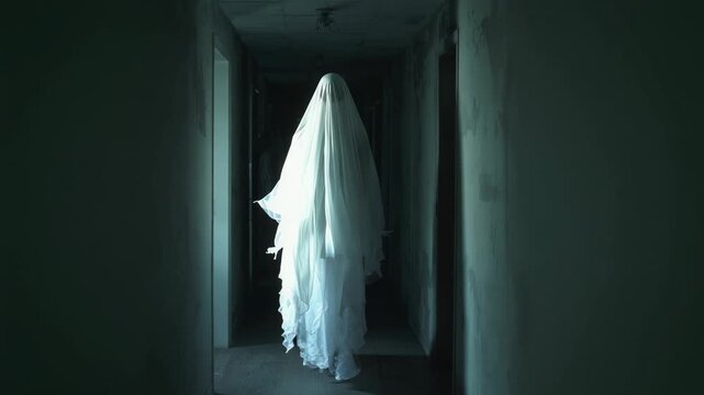 Ghostly figure appearing at entrance of worn corridor, drifting past door frames with flowing veil