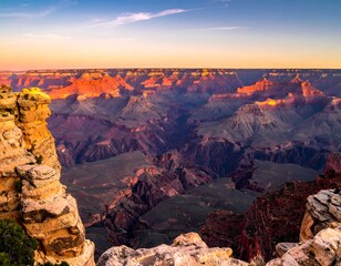 Obraz premium Expansive desert vista at sunrise, showcasing layered sandstone cliffs and deep canyons under a gradient sky