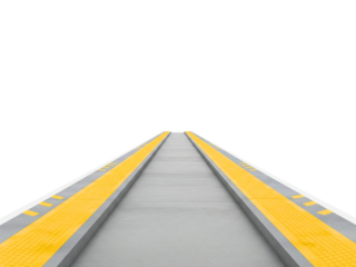Straight and empty train station platform with yellow safety lines on a transparent background