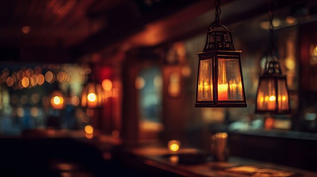Hanging lanterns with lit candles illuminate a dimly lit interior with bokeh.
