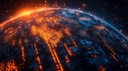 Glowing digital earth with orange and blue lights representing data and connectivity network