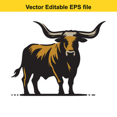 Vector art of a powerful illustration of a longhorn bull standing, showcasing its impressive horns and muscular build, isolated on white