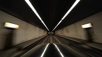 View from the front of a train moving rapidly through a dark, illuminated tunnel. - Powered by Adobe