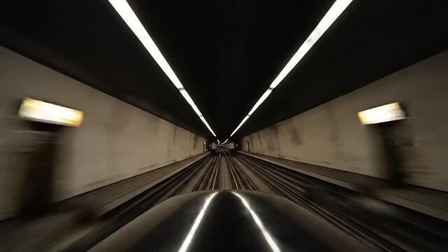 View from the front of a train moving rapidly through a dark, illuminated tunnel.