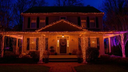 Showing two-story house glowing with warm white lights at night, door wreath and purple tree lights - Powered by Adobe
