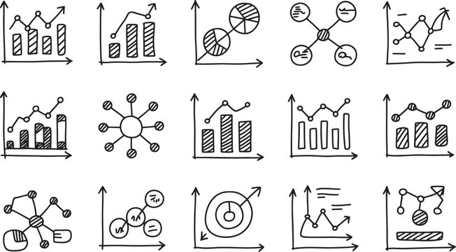 Collection of hand drawn business and data analysis charts and graphs