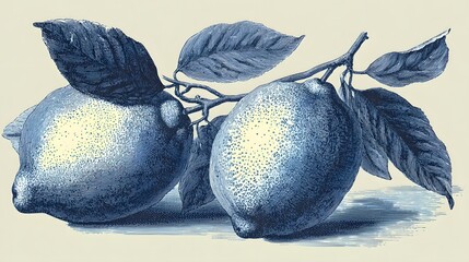 Two blue lemons on a branch with leaves, rendered in a vintage style.