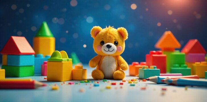 Interracial families playful moments and shared activities, represented through vibrant toys, games, and artistic creations. A brightly lit, slightly chaotic arrangement of children s toys and art