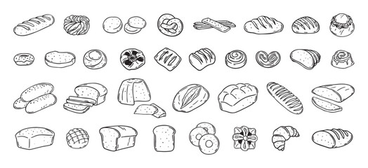 Obraz na płótnie Canvas Bread different types hand drawn doodle outline icon set. Bread engraving, line art. Wheat products, baked goods, bakery