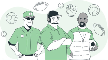 Diverse Sports Coaches and Athletic Equipment Illustration Keywords: sports, coaching, team, athletes, baseball, football, soccer, basketball, coach, trainer, equipment, gear, sportsmanship