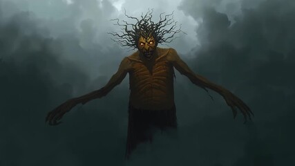 Hovering fog initiating emergence of humanoid figure under storm clouds with glowing orange eyes - Powered by Adobe