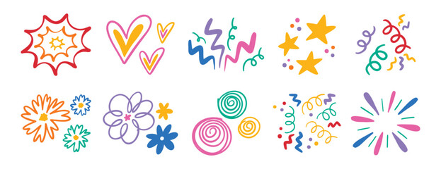 Abstract cute shapes sticker curve set. Colorful funny element organic symbol. Doodle flower and heart, star and confetti, trendy lines cartoon drawing style. 