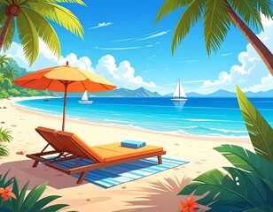 Fototapeta premium Animated illustration of a tropical beach scene, featuring palm trees, ocean, sailboats, a beach umbrella, and lounge chairs