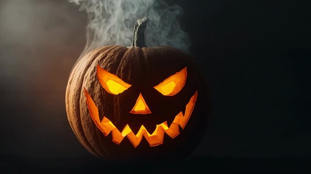 Carved pumpkin glowing and emitting smoke plume after lighting candle in space, with swirling haze