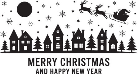Santa in a reindeer sleigh in the sky. Winter christmas background with moon, houses, santa and snowfall. Black drawings on a white background.Merry Christmas and Happy New Year. Vector