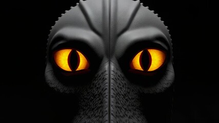 Materializing in darkness, reptilian face intensifying showing glowing amber-yellow eyes and snout - Powered by Adobe