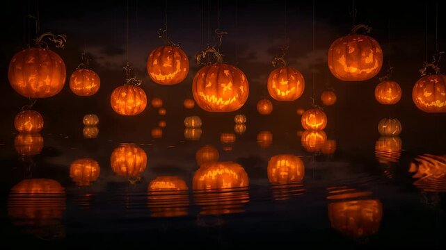 Hanging pumpkins swaying under night sky, casting reflections on water, rain rippling surface